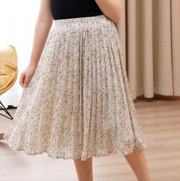 Manydress beige floral chiffon pleated elastic high waist a line midi skirt - Picture 2 of 14